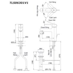 bản vẽ kích thước Vòi lavabo TOTO TLS06301V1 nóng lạnh