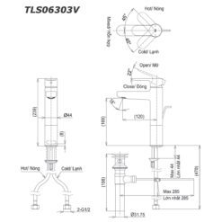 bản vẽ kích thước Vòi lavabo TOTO TLS06303V cổ cao nóng lạnh