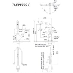 bản vẽ kích thước Vòi lavabo TOTO TLS083J0V nóng lạnh rút dây cổ cao