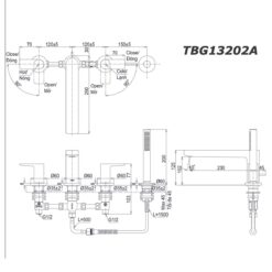 bản vẽ kích thước Vòi sen bồn tắm TOTO TBG13202A gắn bồn 4 lỗ GT nóng lạnh
