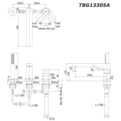 bản vẽ kích thước Vòi sen bồn tắm TOTO TBG13305A gắn bồn 3 lỗ GT nóng lạnh