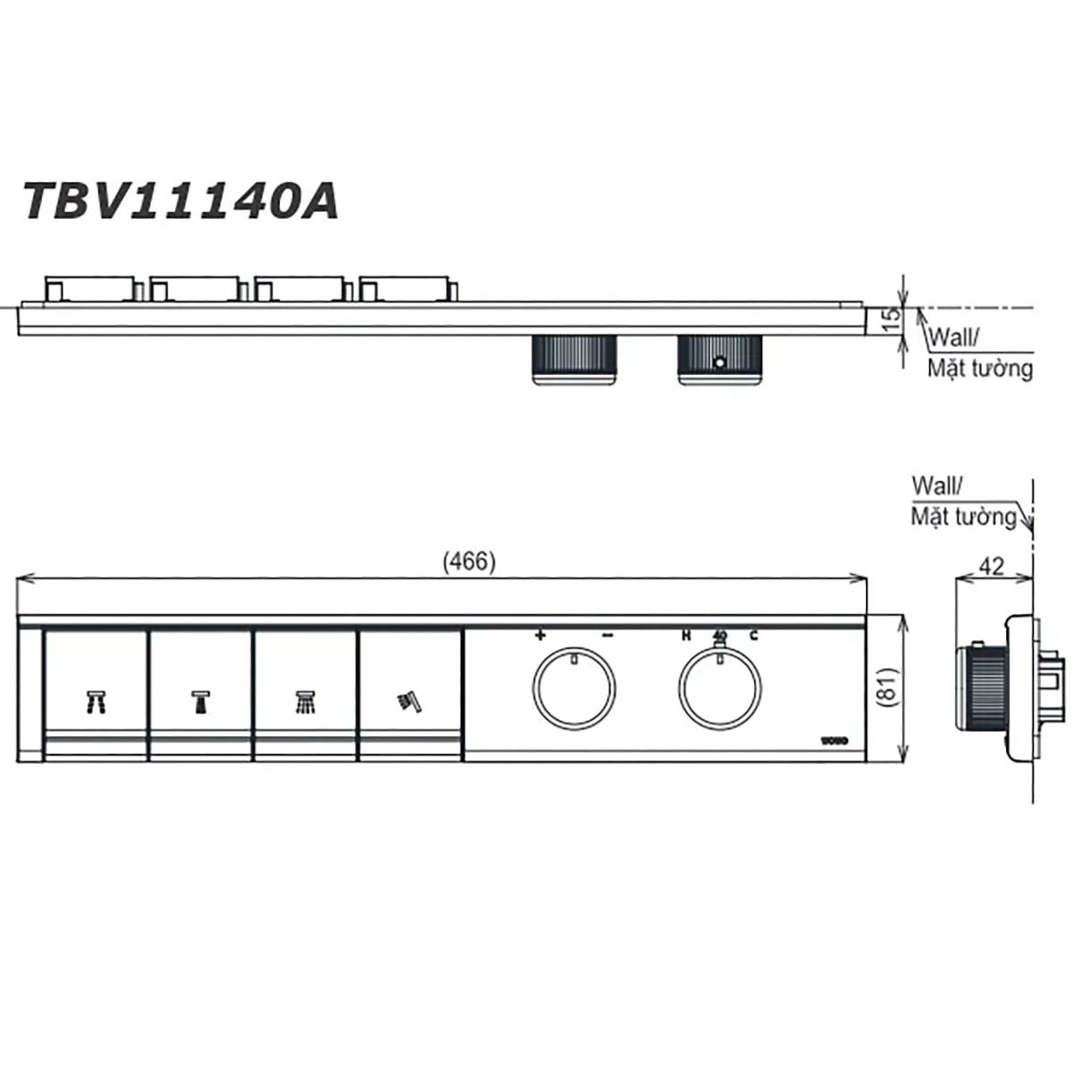 Bảng điều khiển sen âm tường TOTO TBV11140A TBN11FC0A 4 đường nước 2 bản vẽ kích thước Bảng điều khiển sen âm tường TOTO TBV11140A TBN11FC0A 4 đường nước