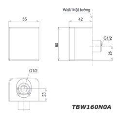 bản vẽ kích thước Cút nối TOTO TBW160N0A kèm gác sen âm tường