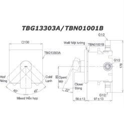 bản vẽ kích thước Van gật gù TOTO TBG13303A TBN01001B sen âm tường GT