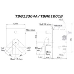bản vẽ kích thước Van gật gù TOTO TBG13304A TBN01001B sen âm tường GT