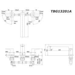 bản vẽ kích thước Vòi sen bồn tắm TOTO TBG13201A gắn bồn 3 lỗ GT nóng lạnh