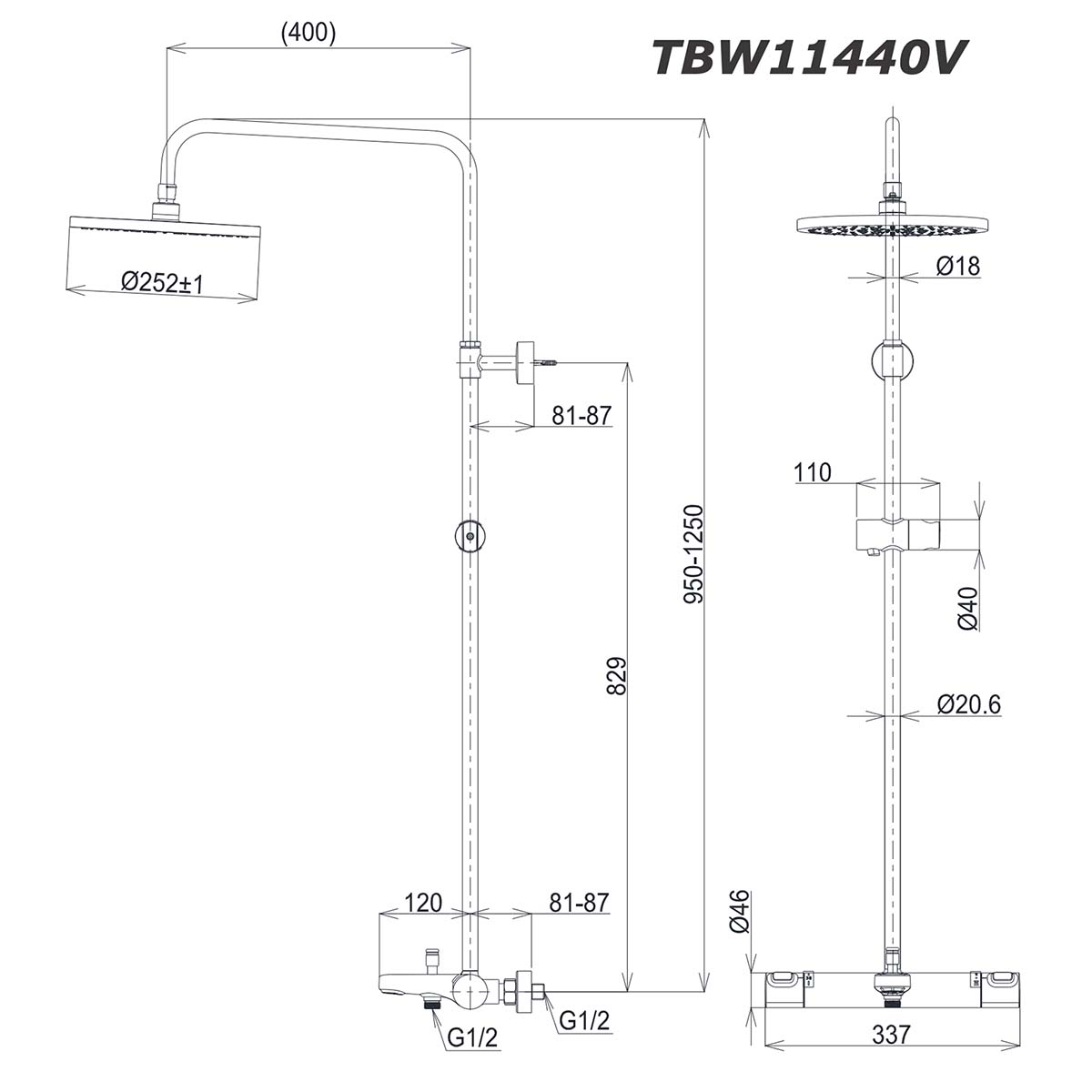 Vòi sen cây TOTO TBW11440V nhiệt độ 2 bản vẽ kích thước Vòi sen cây TOTO TBW11440V nhiệt độ