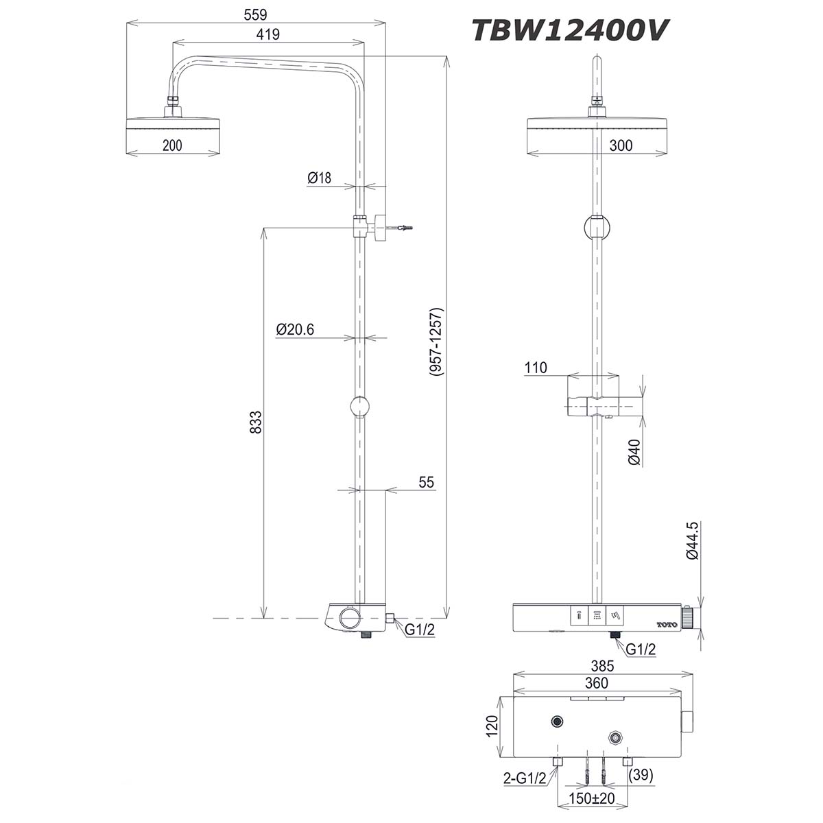 Vòi sen cây TOTO TBW12400V nhiệt độ 2 bản vẽ kích thước Vòi sen cây TOTO TBW12400V nhiệt độ