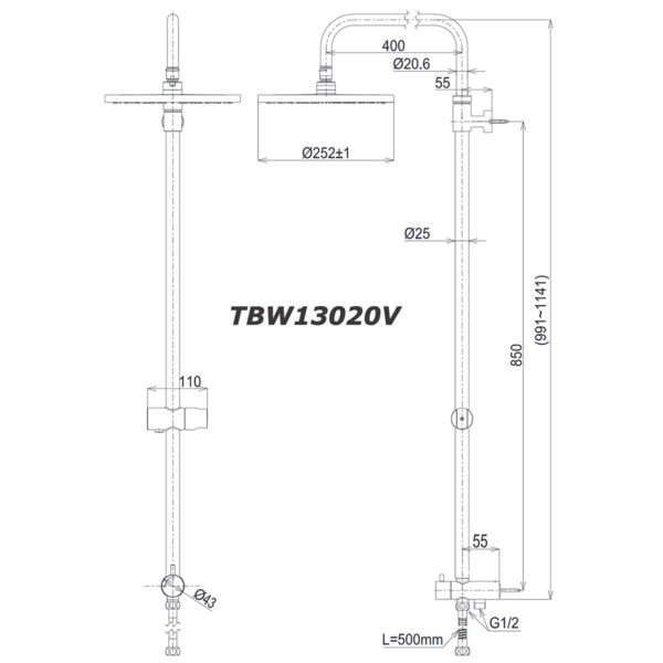 bản vẽ kích thước Vòi sen cây TOTO TBW13020V