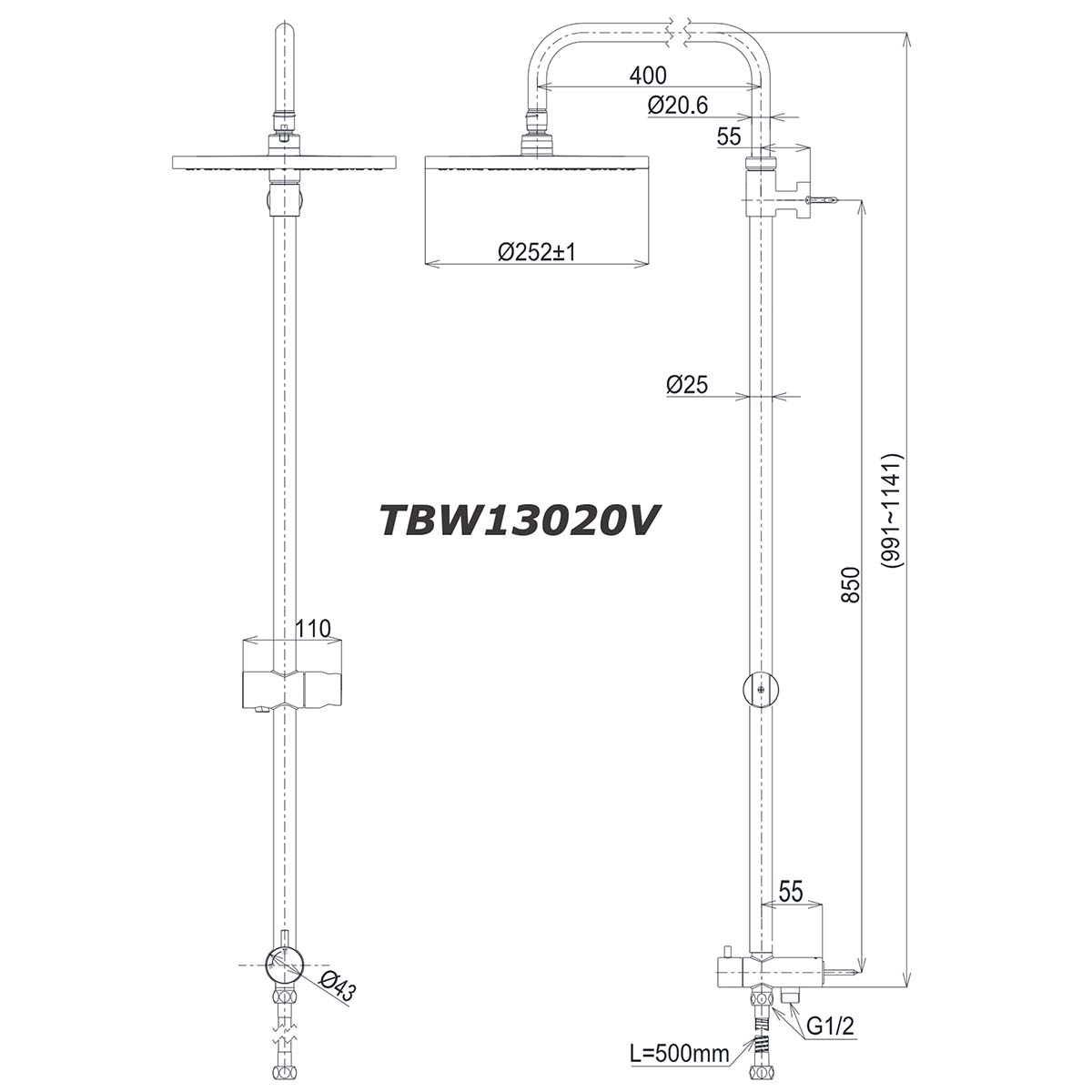 Vòi sen cây TOTO TBW13020V 2 bản vẽ kích thước Vòi sen cây TOTO TBW13020V