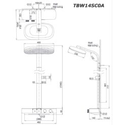 bản vẽ kích thước Vòi sen cây TOTO TBW14SC0A nhiệt độ