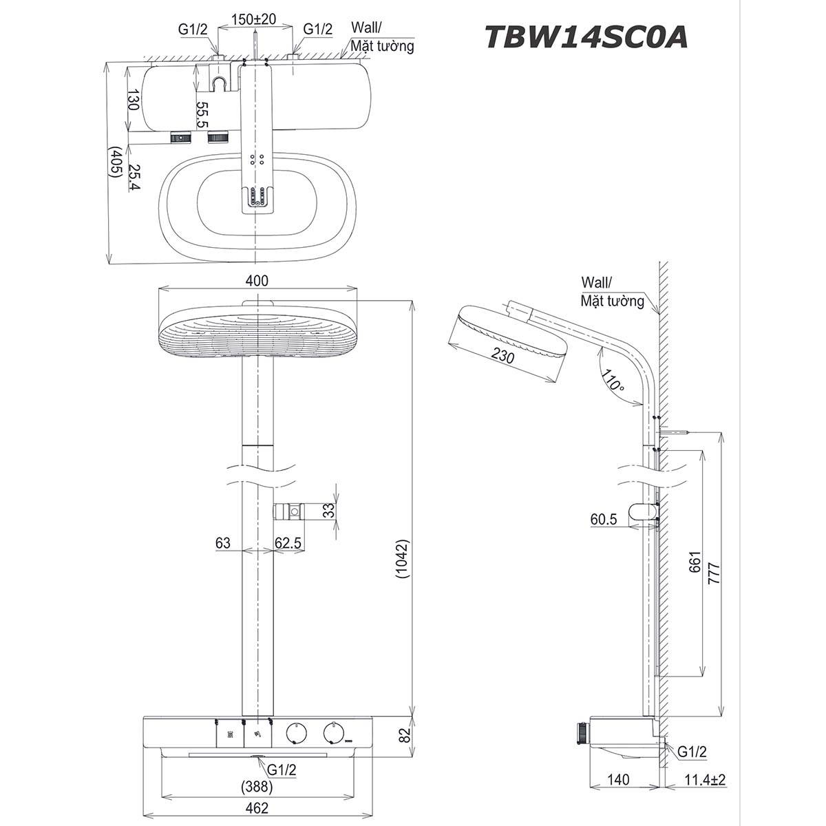 Vòi sen cây TOTO TBW14SC0A nhiệt độ 2 bản vẽ kích thước Vòi sen cây TOTO TBW14SC0A nhiệt độ