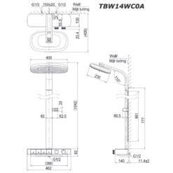 Vòi sen cây TOTO TBW14WC0A nhiệt độ 1 bản vẽ kích thước Vòi sen cây TOTO TBW14WC0A nhiệt độ