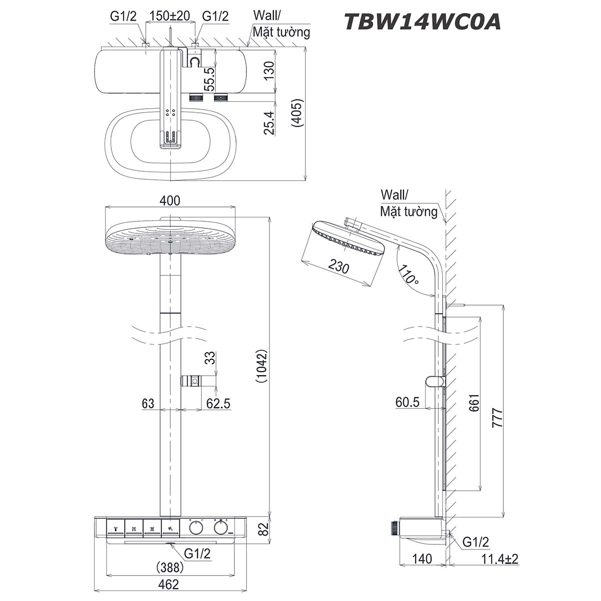 Vòi sen cây TOTO TBW14WC0A nhiệt độ 2 bản vẽ kích thước Vòi sen cây TOTO TBW14WC0A nhiệt độ