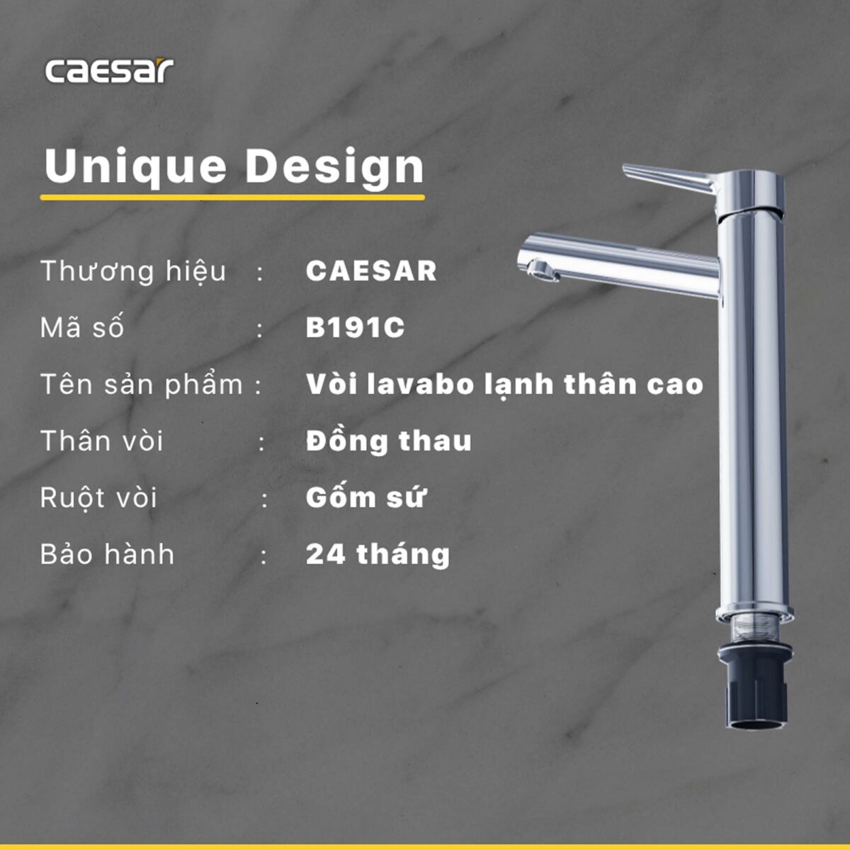 Vòi lavabo CAESAR B191C dây rút cổ cao - Ảnh 2