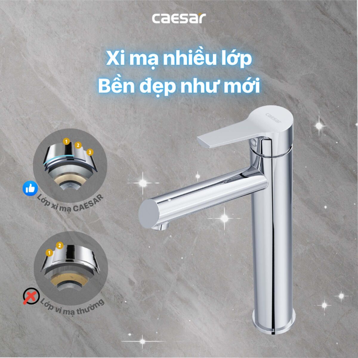 Vòi lavabo CAESAR B191C dây rút cổ cao - Ảnh 7