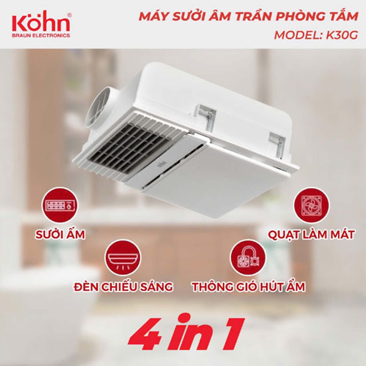 Quạt sưởi nhà tắm KOHN K30G âm trần đa năng - Ảnh 2