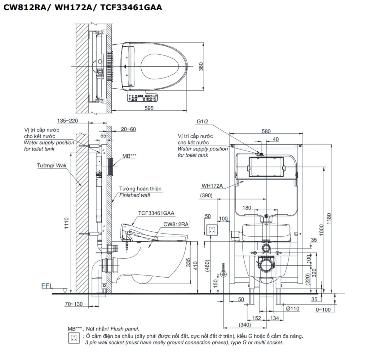 Bản vẽ kĩ thuật Bồn cầu thông minh TOTO CW812RA TCF33461GAA WH172A MB174P#SS nắp rửa điện tử