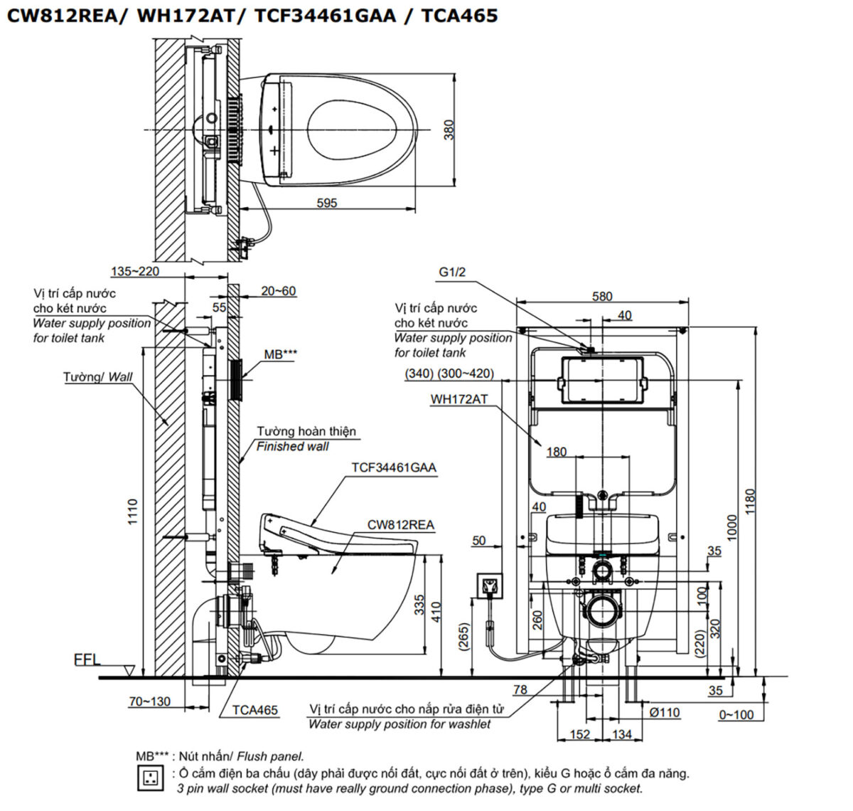 Bản vẽ kĩ thuật Bồn cầu thông minh TOTO CW812RA TCF34461GAA WH172A MB174P#SS nắp rửa điện tử