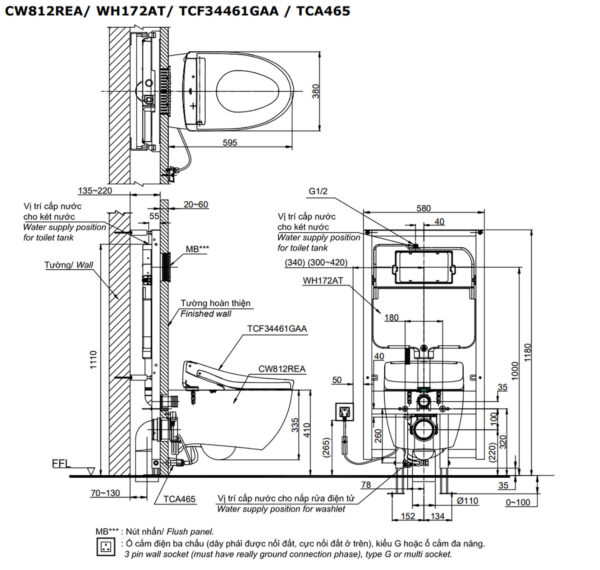 Bản vẽ kĩ thuật Bồn cầu thông minh TOTO CW812RA TCF34461GAA WH172A MB174P#SS nắp rửa điện tử