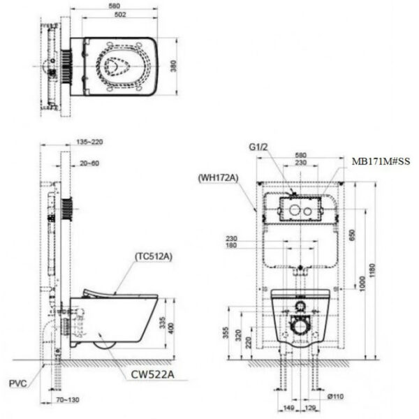 Bản vẽ kĩ thuật Bồn cầu treo tường TOTO CW522A WH172A TC512A MB171M#SS nắp êm