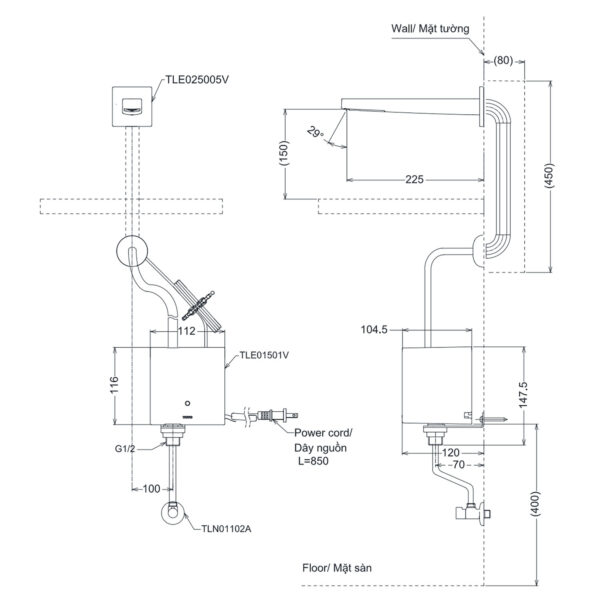 Bản vẽ kỹ thuật Vòi lavabo TOTO TLE25005V cảm ứng gắn tường