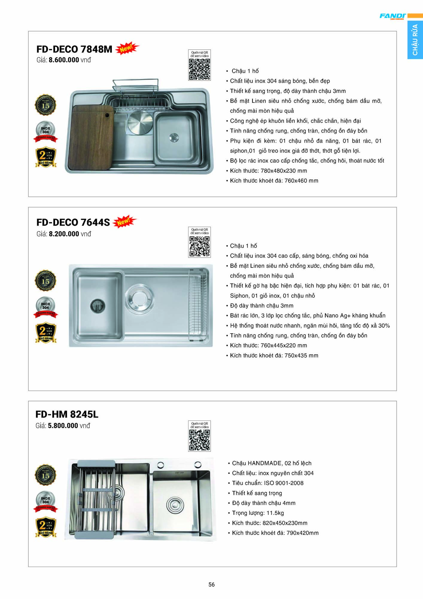 Catalogue FANDI 2026 – Bảng giá thiết bị nhà bếp 58 CATALOGUE FANDI 2026 Page 57 1