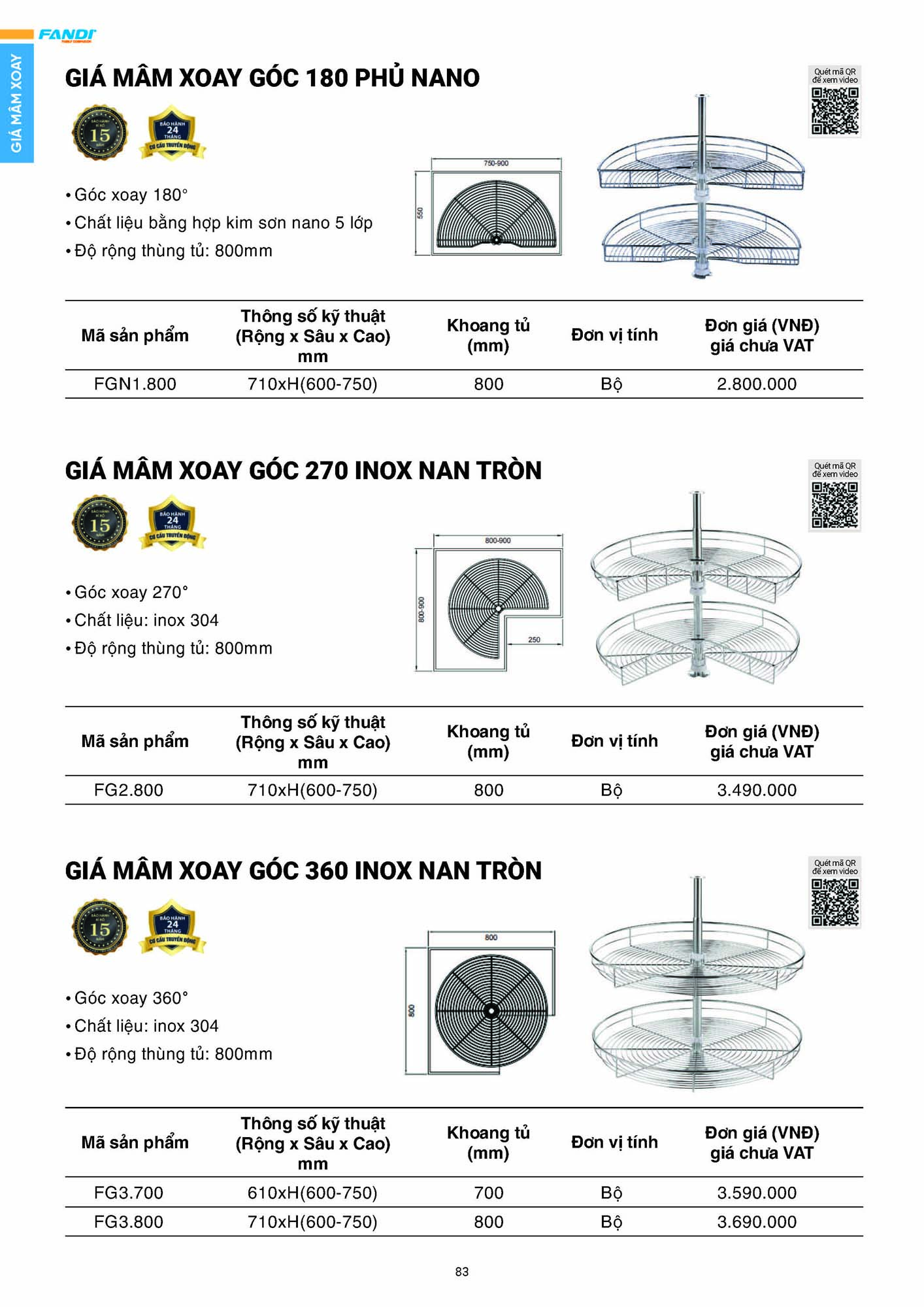 Catalogue FANDI 2026 – Bảng giá thiết bị nhà bếp 85 CATALOGUE FANDI 2026 Page 84