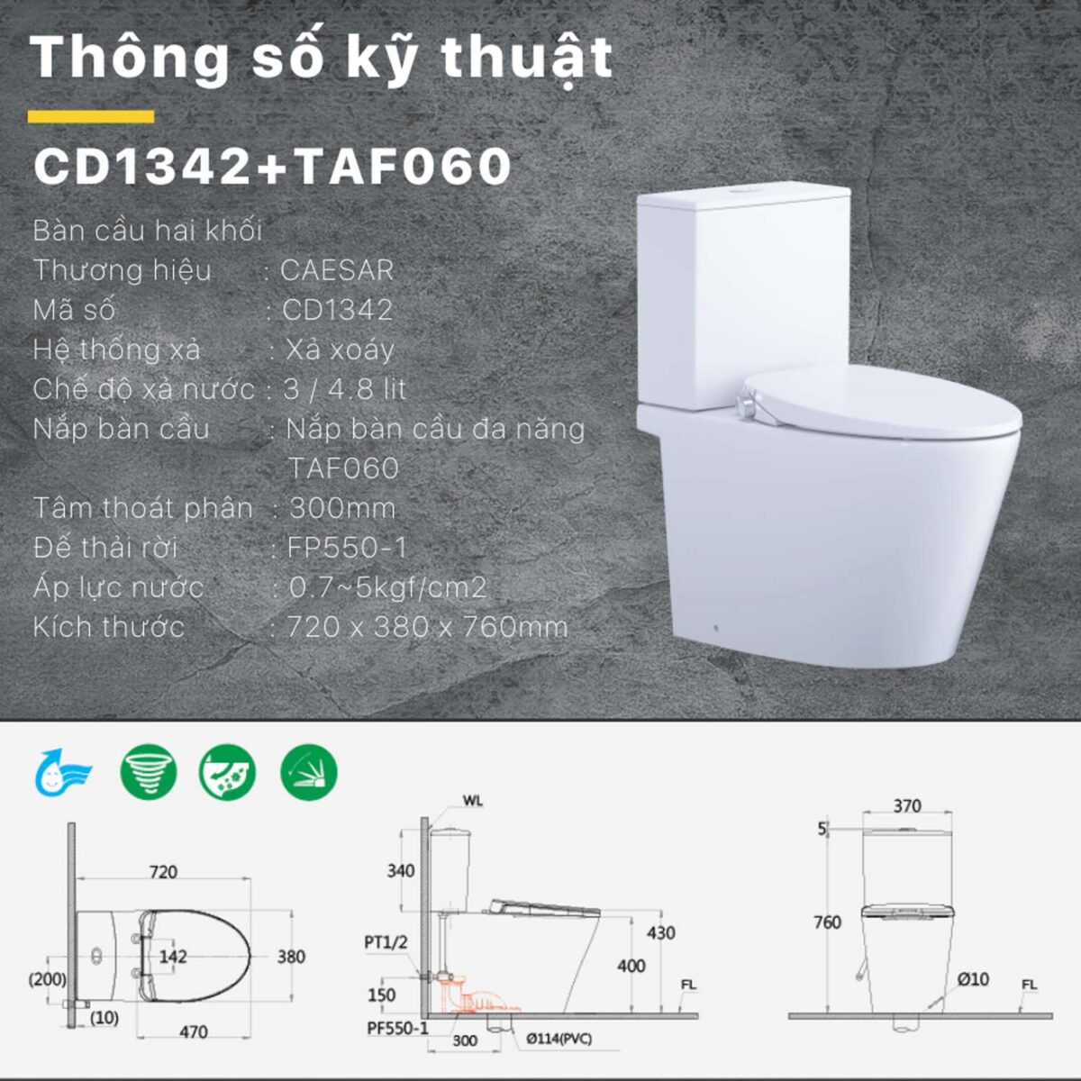 Bồn cầu thông minh CAESAR CD1342 TAF060 nắp rửa cơ - Ảnh 2