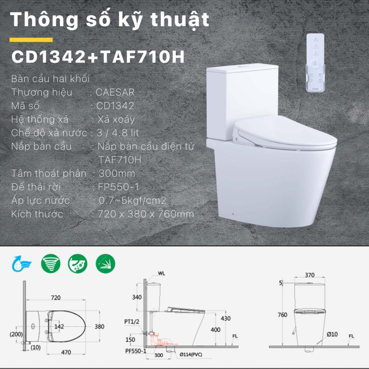 Bồn cầu thông minh CAESAR CD1342 TAF710H nắp rửa điện tử - Ảnh 2