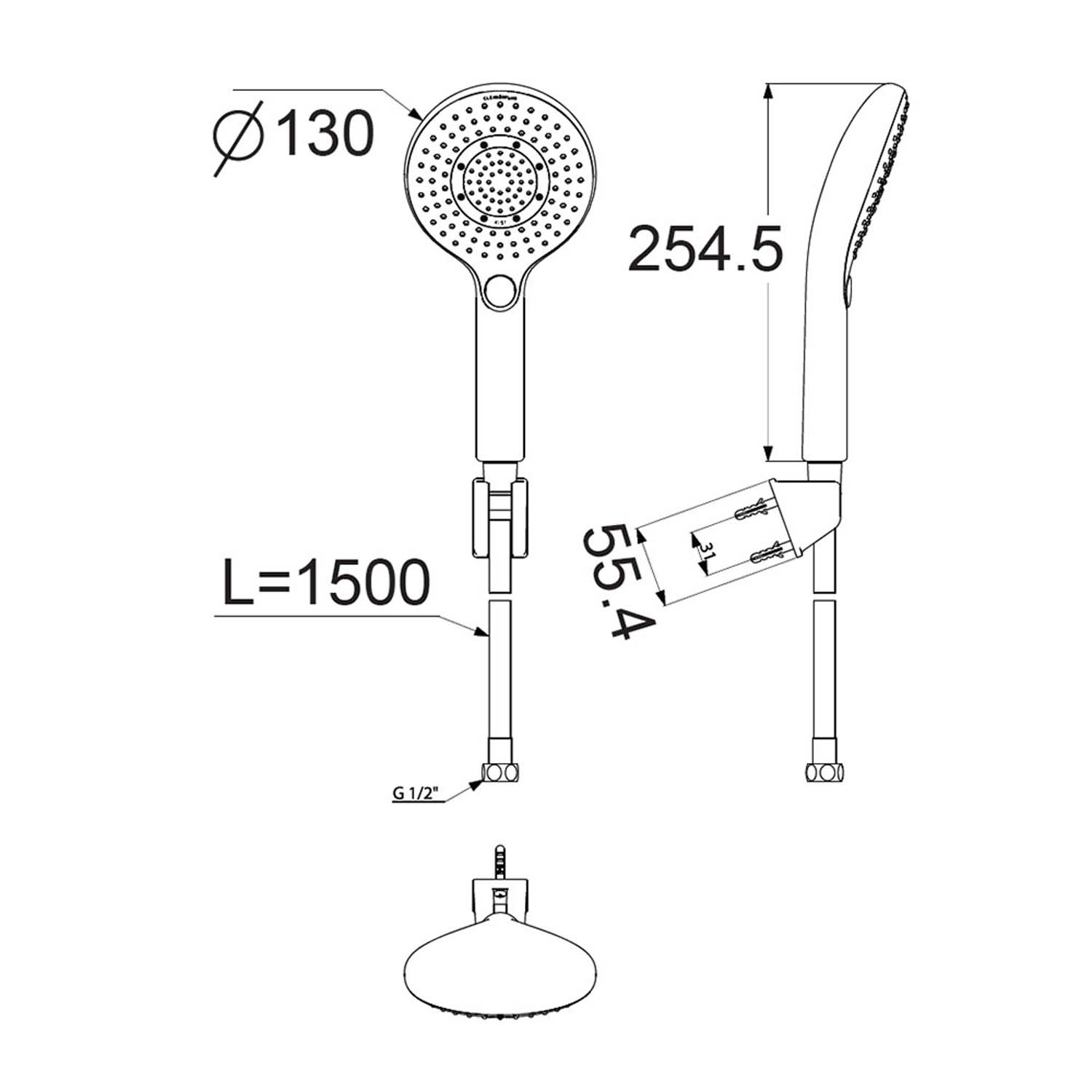 Tay sen tắm AMERICAN STANDARD WF-5145 1351450000 1 ban ve kich thuoc Tay sen tam AMERICAN STANDARD WF 5145 1351450000