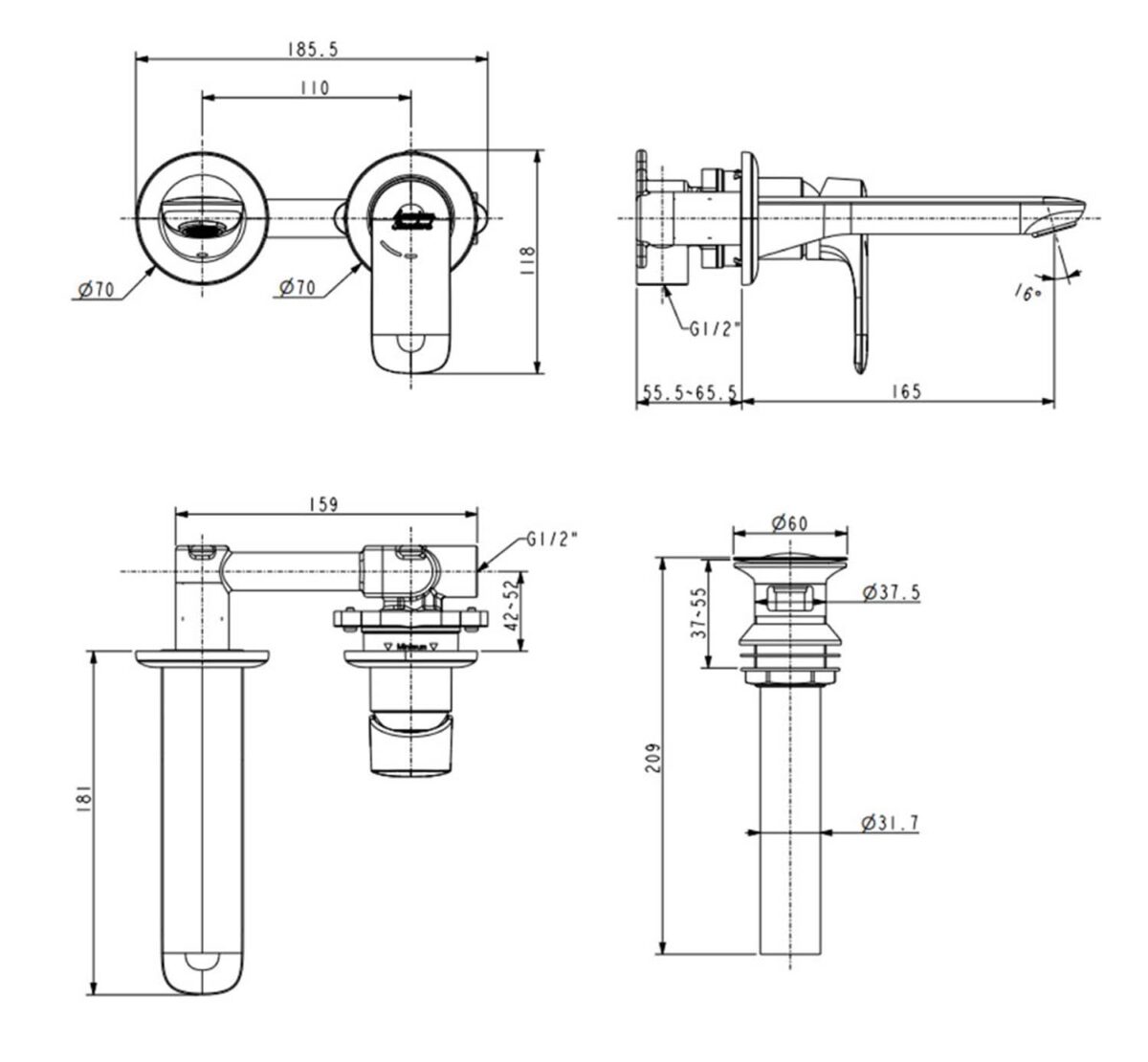 Vòi lavabo AMERICAN STANDARD WF-1M04 2 lỗ âm tường nóng lạnh - Ảnh 2