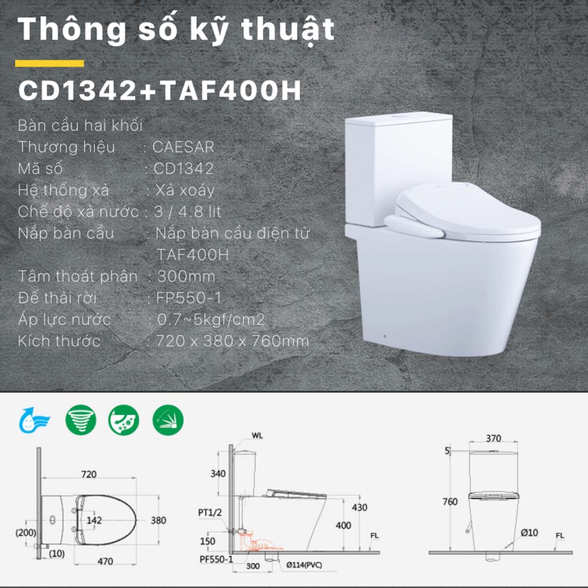 Bồn cầu thông minh CAESAR CD1342 TAF400H nắp rửa điện tử - Ảnh 2