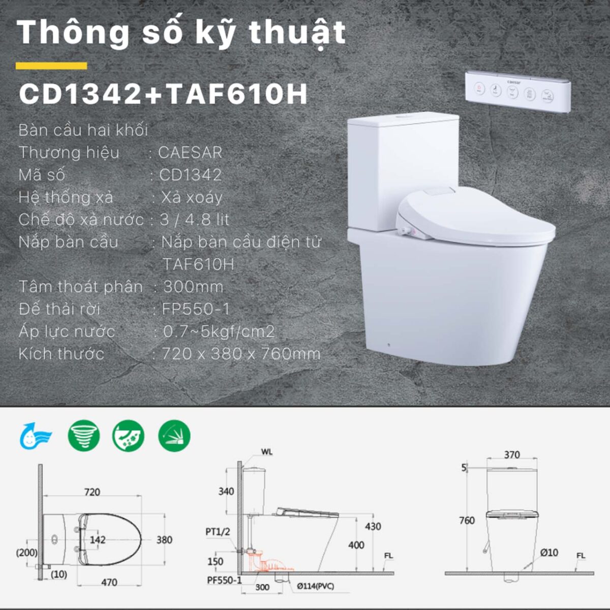 Bồn cầu thông minh CAESAR CD1342 TAF610H nắp rửa điện tử - Ảnh 2