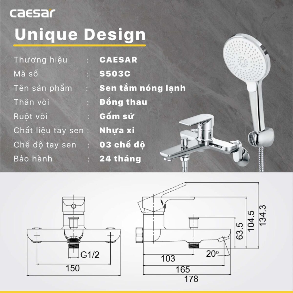 Vòi sen tắm CAESAR S503C nóng lạnh - Ảnh 2