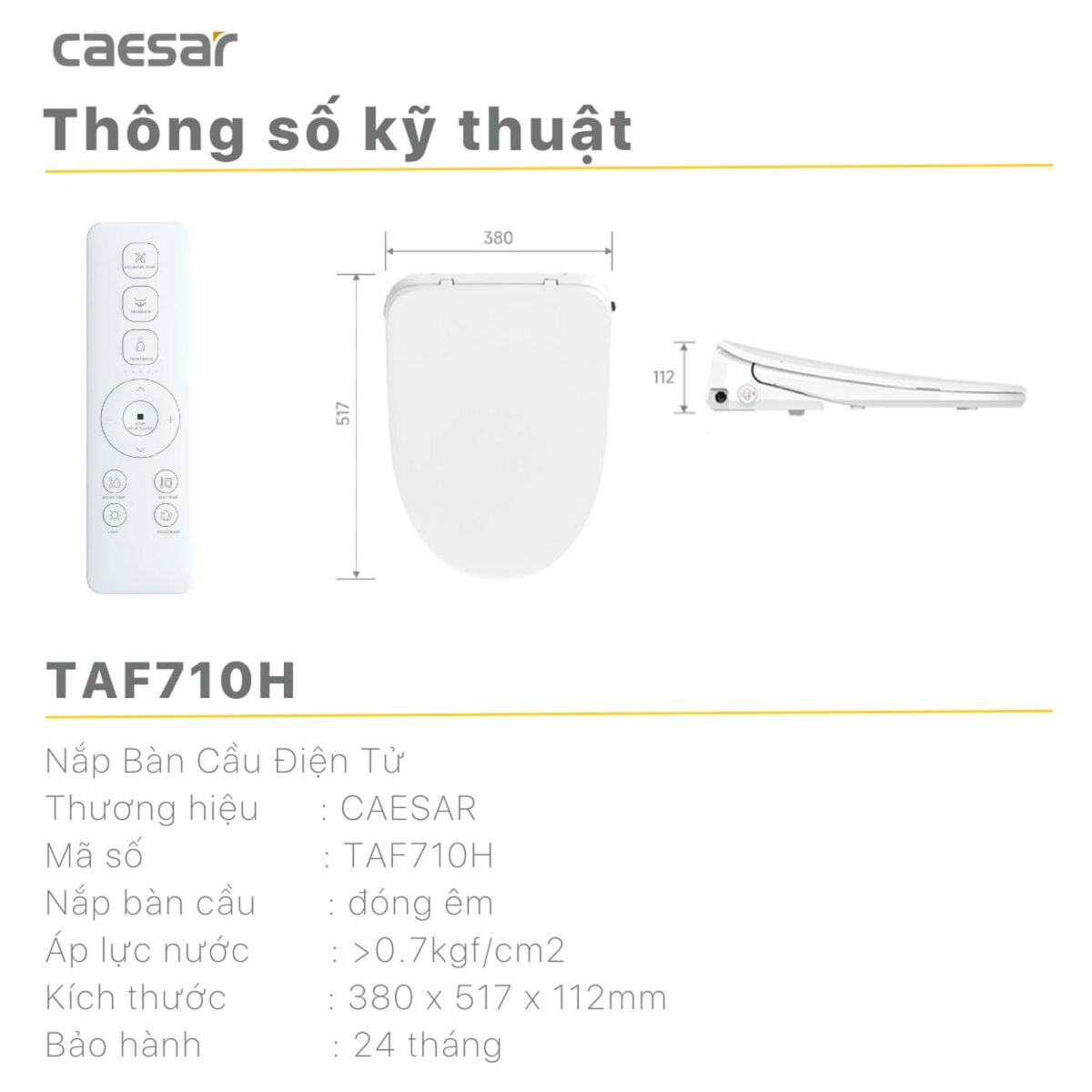 Bồn cầu thông minh CAESAR CD1342 TAF710H nắp rửa điện tử - Ảnh 3
