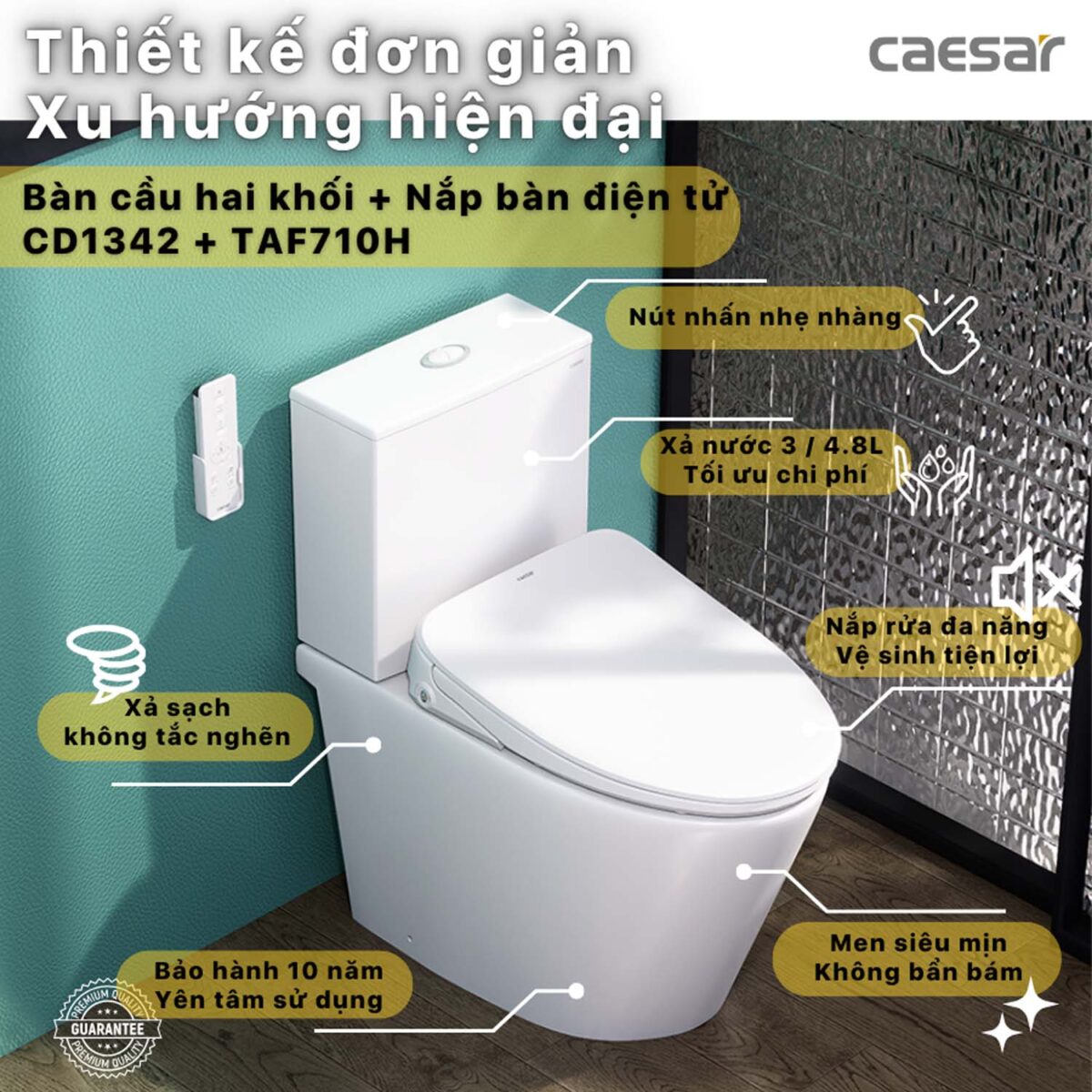 Bồn cầu thông minh CAESAR CD1342 TAF710H nắp rửa điện tử - Ảnh 4
