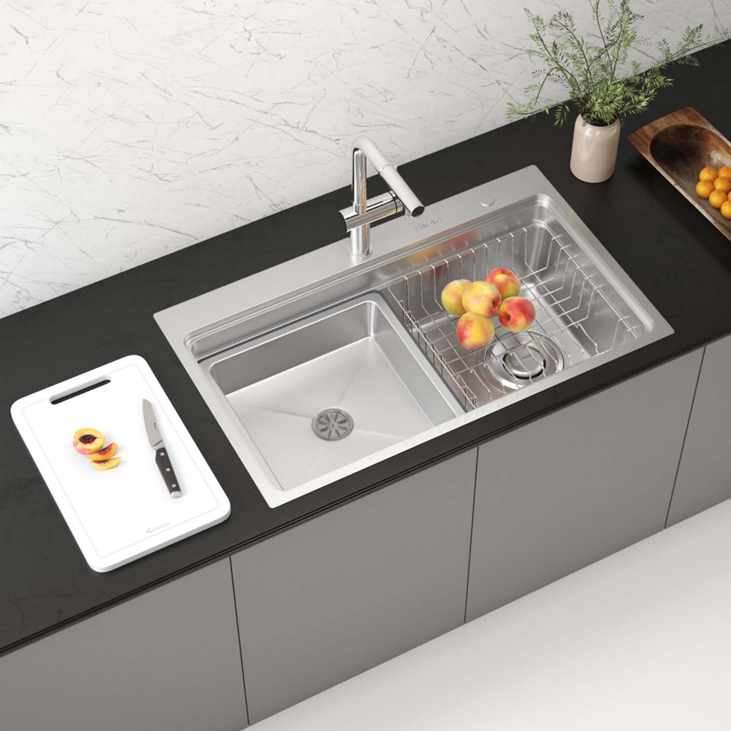 Chậu rửa bát inox KONOX KN8048TS Dekor 1 hố 18 hinh anh thuc te Chau rua bat inox KONOX KN8048TS Dekor 1 ho 2