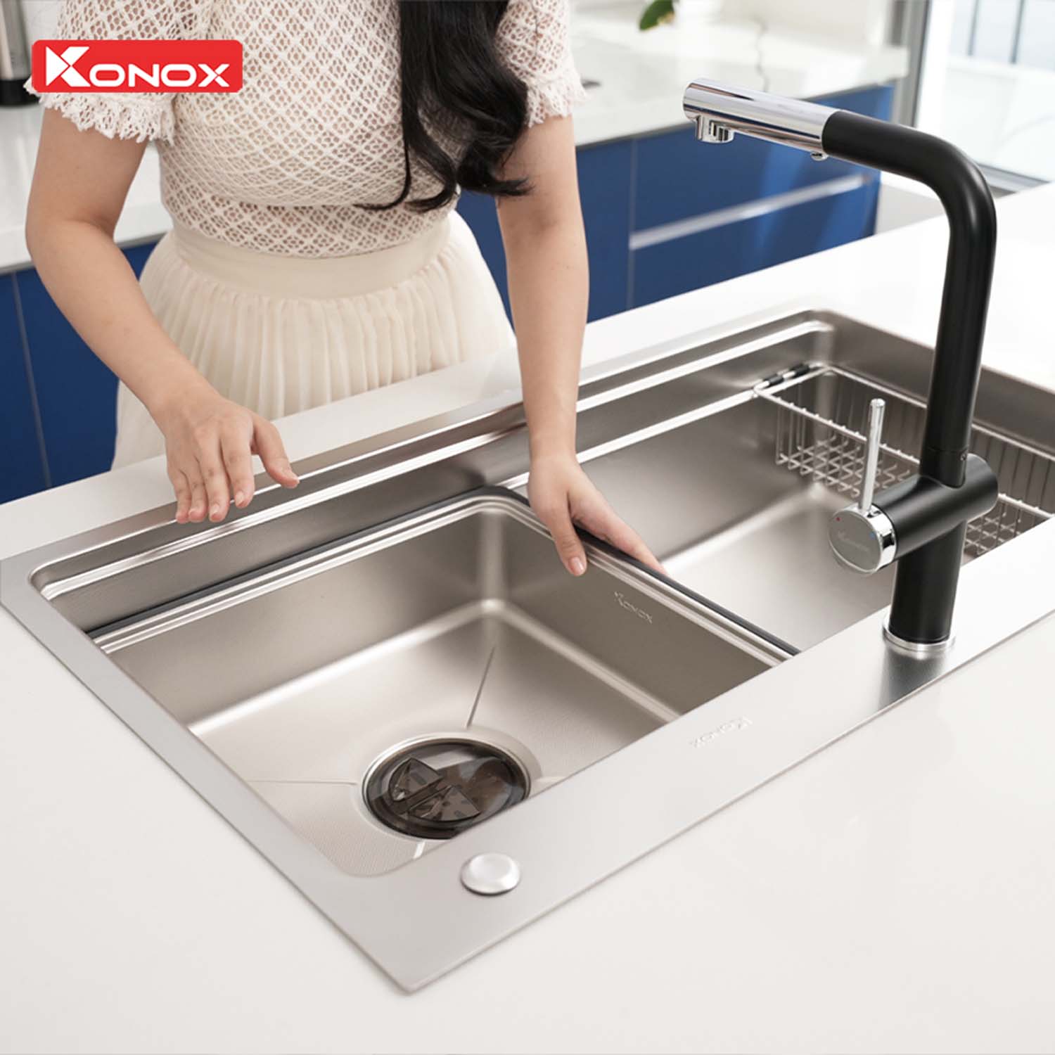 Chậu rửa bát inox KONOX KN8751TS Dekor 1 hố 3 hinh anh thuc te Chau rua bat inox KONOX KN8751TS Dekor 1 ho 1