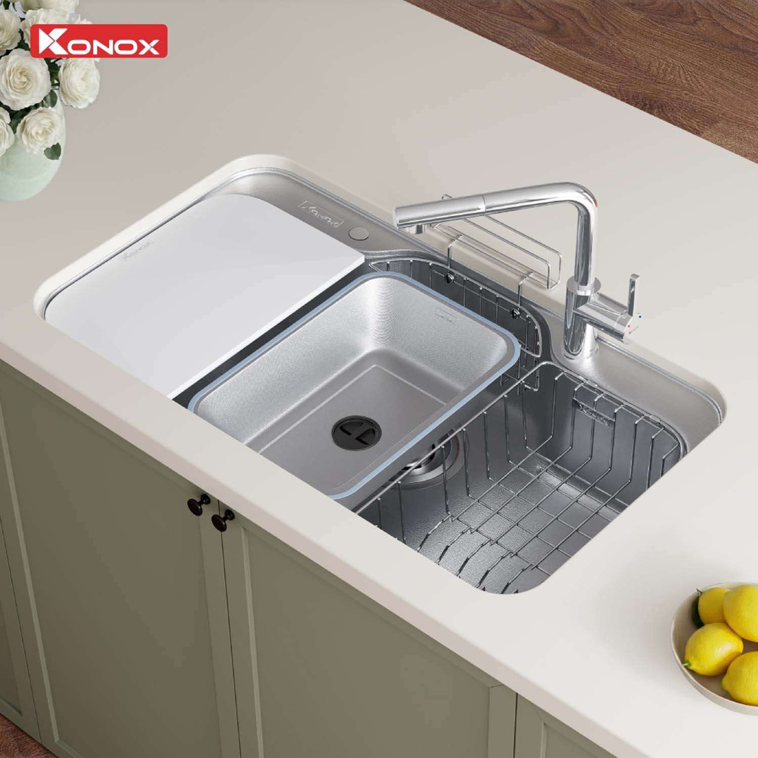 Chậu rửa bát inox KONOX Tari Smart 9051 1 hố 7 hinh anh thuc te Chau rua bat inox KONOX Tari Smart 9051 1 ho 2