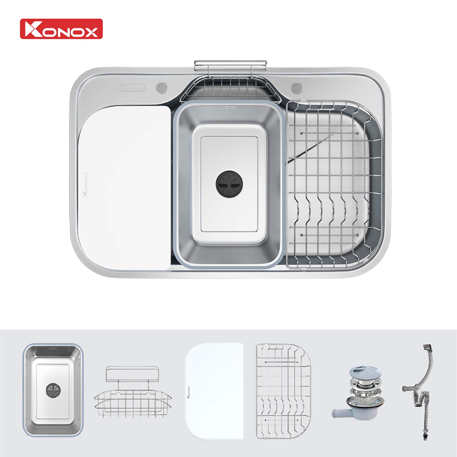 Chậu rửa bát inox KONOX Tari Smart 7851 1 hố 1 phu kien di kem Chau rua bat inox KONOX Tari Smart 7851 1 ho