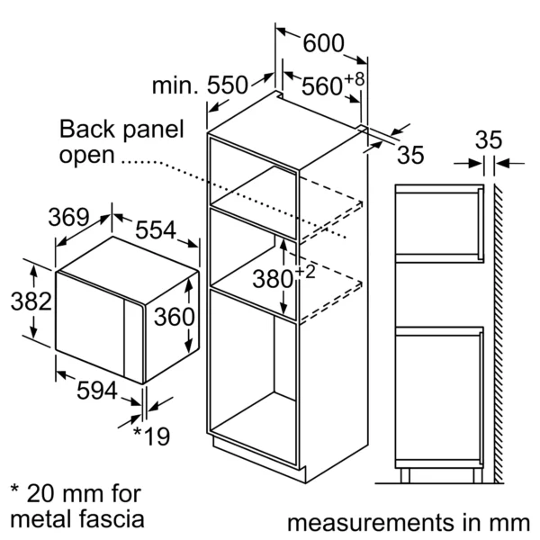 Bản vẽ kích thước Lò nướng kèm vi sóng BOSCH BEL554MB2 serie 6 âm tủ
