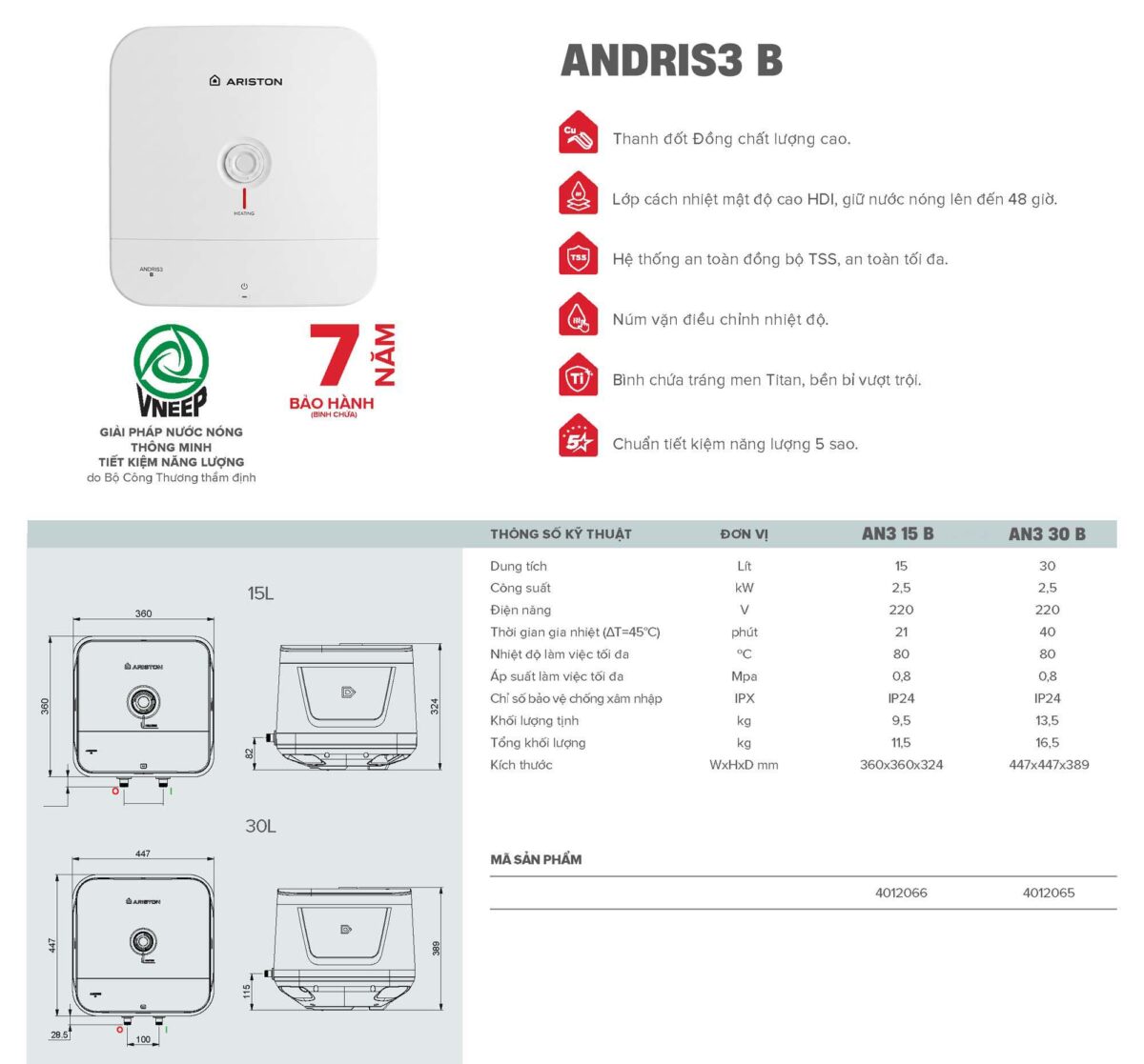 Bình nóng lạnh ARISTON AN3 B 30 lít vuông (ANDRIS3) - Ảnh 2