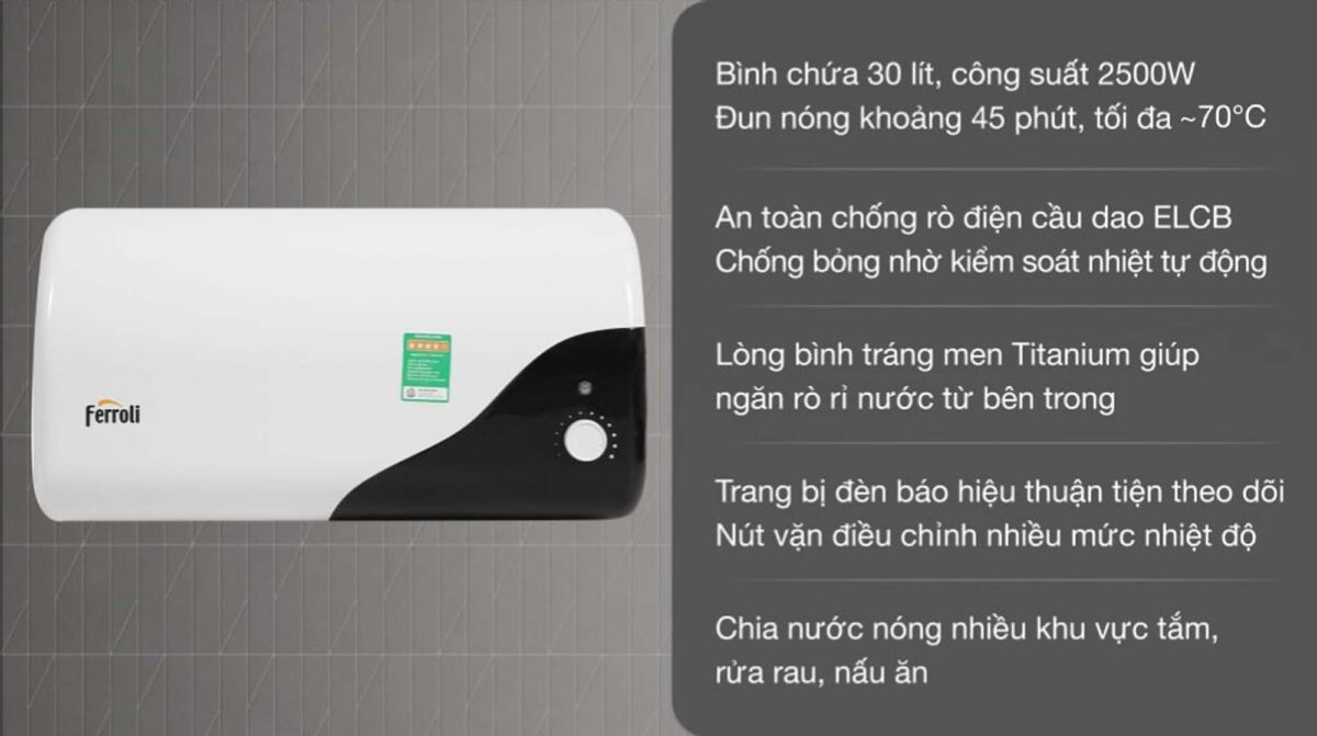 Bình nóng lạnh FERROLI MIDO DE 30L lít ngang - Ảnh 2