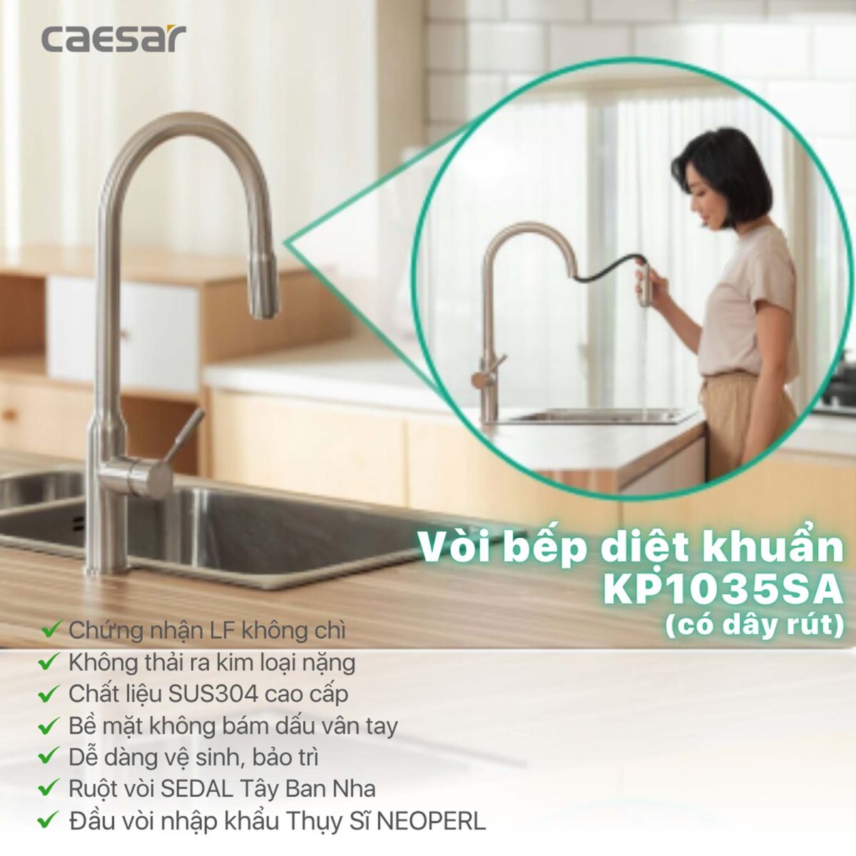 Vòi rửa bát CAESAR KP1035SA cảm ứng rút dây diệt khuẩn Plasma - Ảnh 25