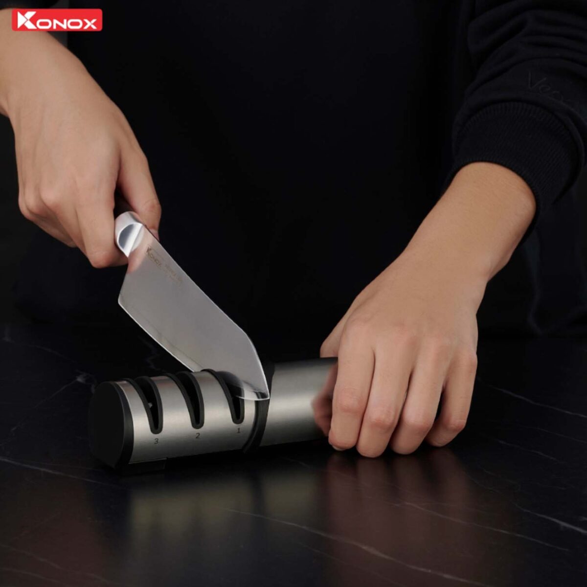 Dụng cụ mài dao KONOX Damascus Knife Sharpener 3 khe - Ảnh 3