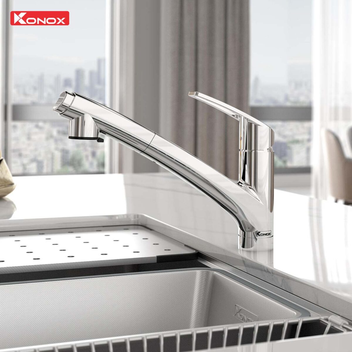 Vòi rửa bát KONOX Kira Chrome nóng lạnh rút dây - Ảnh 3