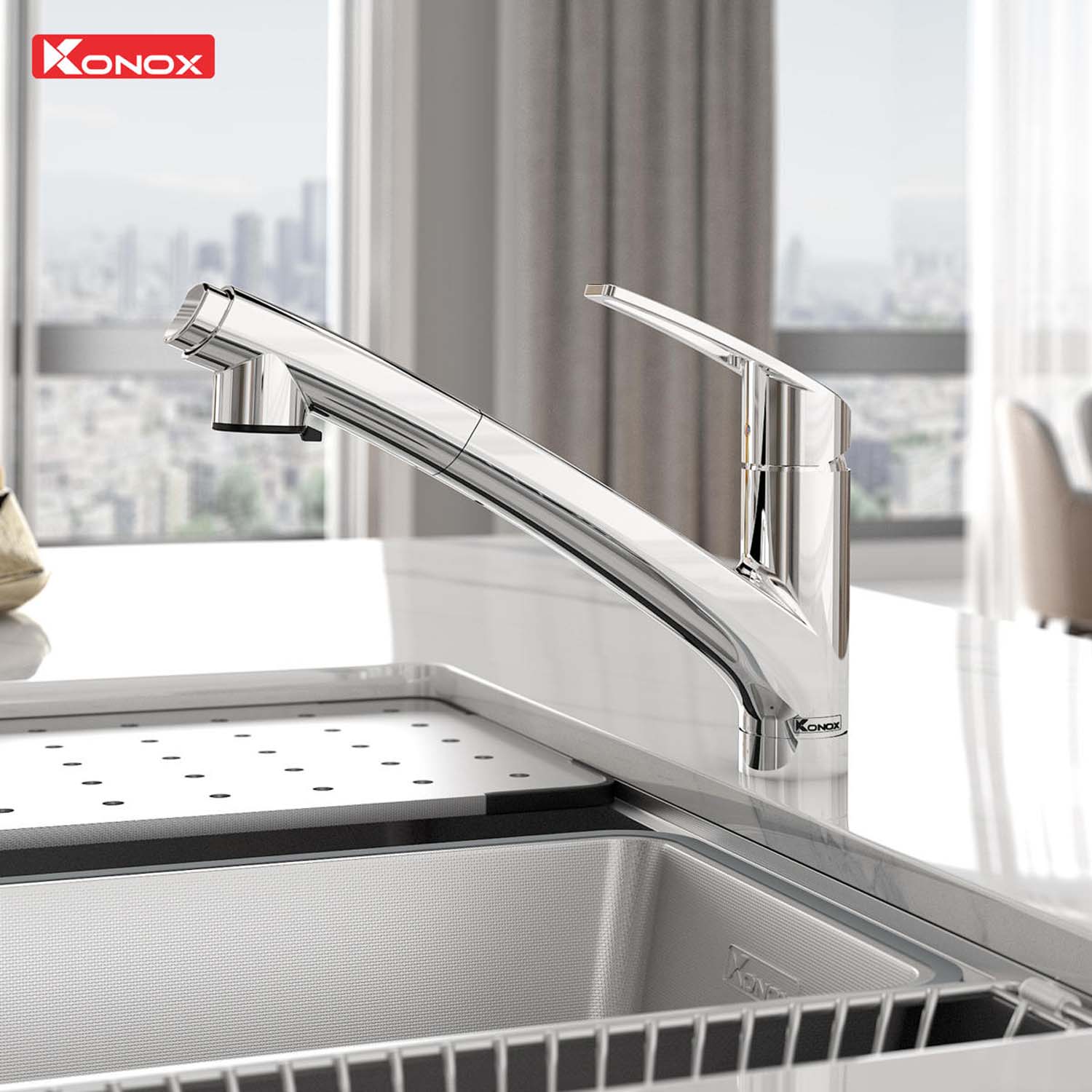 Vòi rửa bát KONOX Kira Chrome nóng lạnh rút dây 2 hinh anh thuc te Voi rua bat KONOX Kira Chrome nong lanh rut day 1