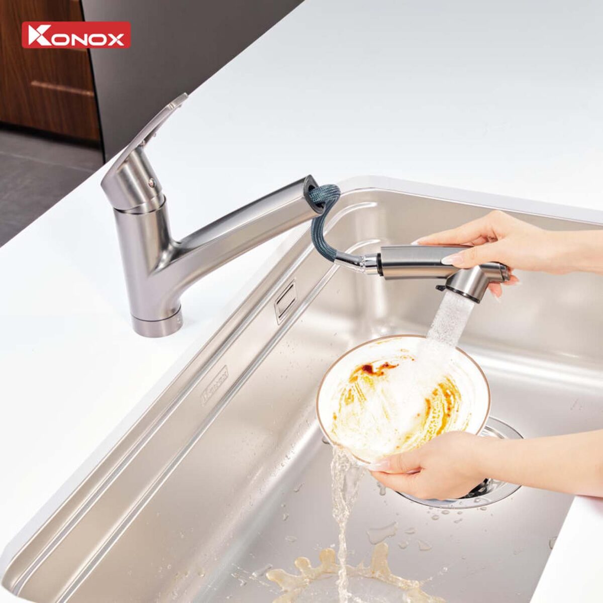 Vòi rửa bát KONOX Kira Gun Metal nóng lạnh rút dây - Ảnh 5
