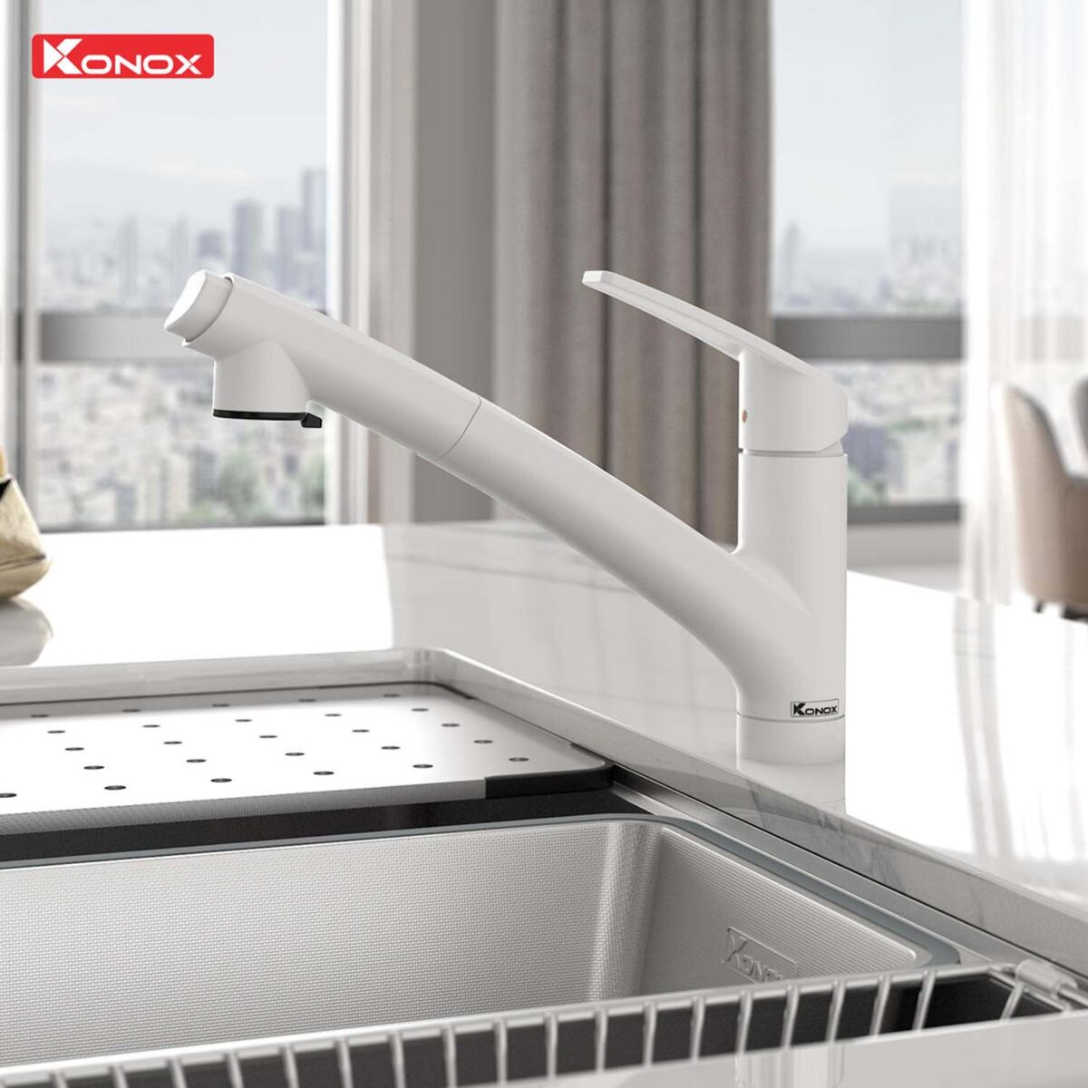Vòi rửa bát KONOX Kira White nóng lạnh rút dây - Ảnh 3